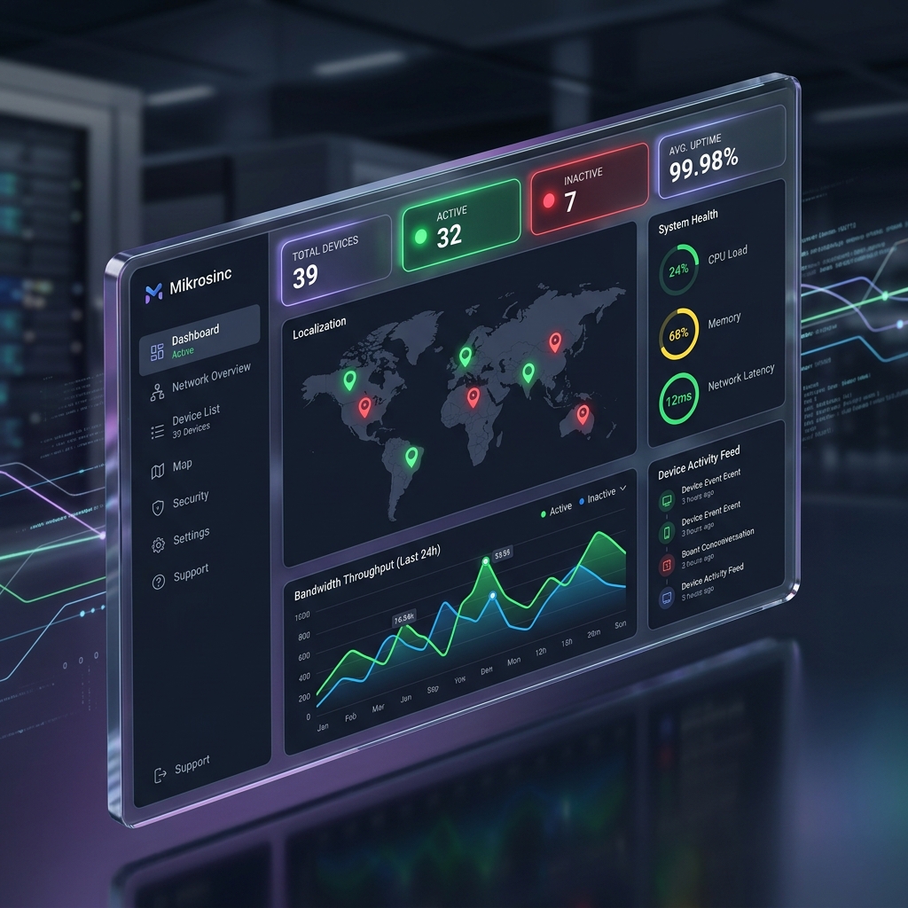 Dashboard Mikrosinc — Topologia de rede MikroTik em tempo real